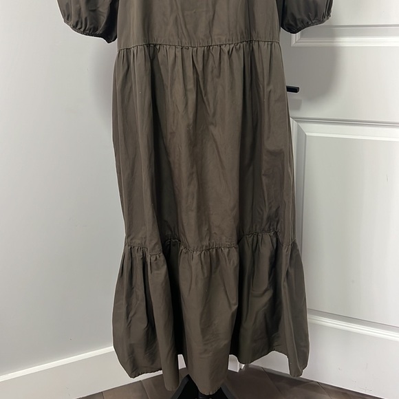 H&M Dark Khaki Green Puff Sleeve Tier MIDI Dress size Medium - Picture 3 of 6